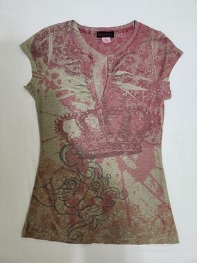 Self Esteem Pink and Olive Graphic Short Sleeve Henley